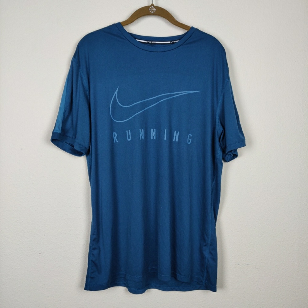 Nike running dri-fit blue logo athletic tee shirt